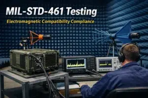 mil-std-461 testing setup in an anechoic chamber with military electronic equipment undergoing electromagnetic compatibility compliance tests