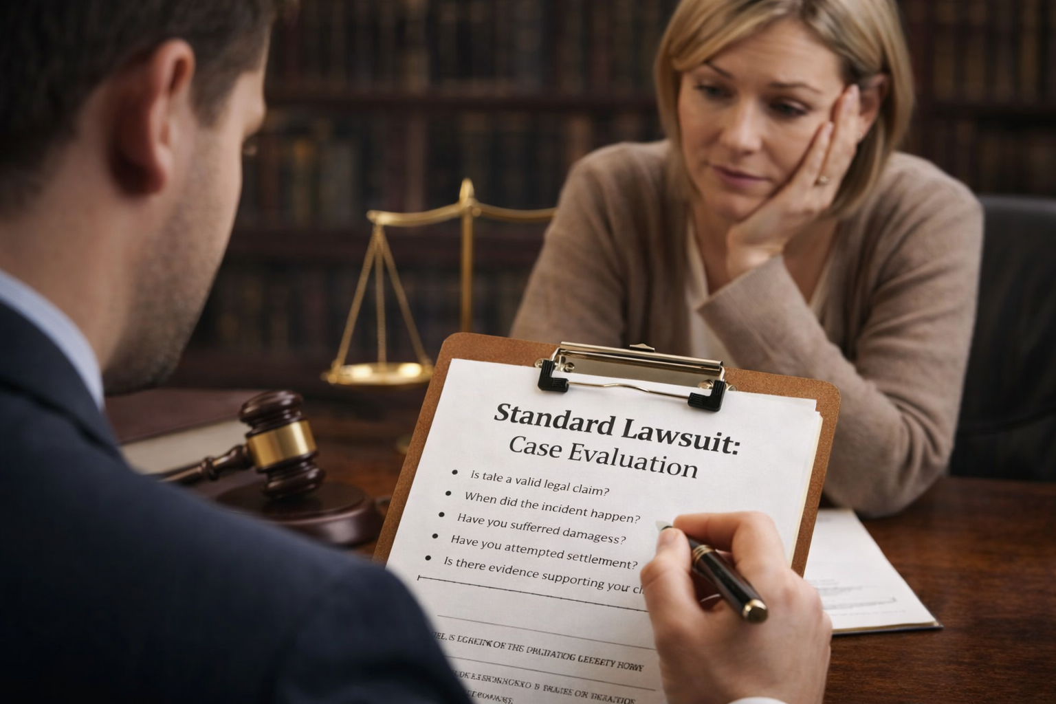 Standard lawsuit lawyer evaluating a civil lawsuit case with a client during a legal consultation